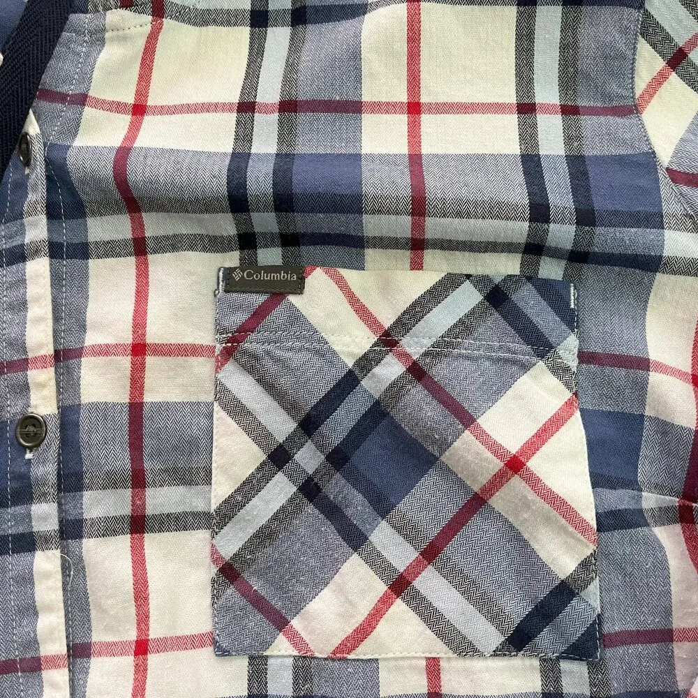 Columbia Flannel Womens XL Red White Blue Plaid Drawstring Button Up Hoodie - Picture 4 of 13